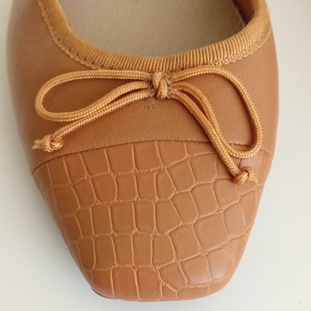 Next Forever Comfort Tan Flats Bow Detail Croc Texture Square Toe Size 6/39